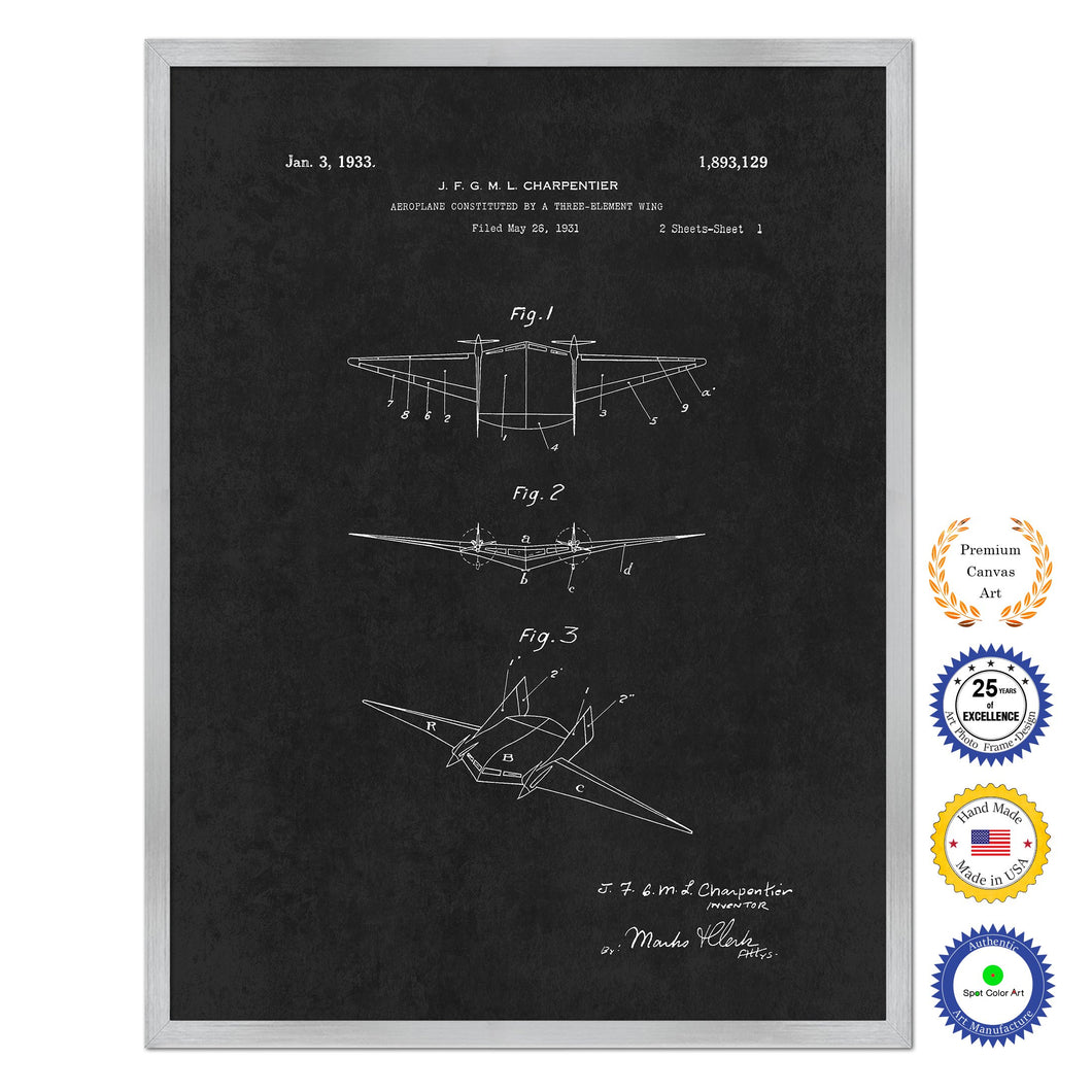 1933 Three Element Wing Airplane Antique Patent Artwork Silver Framed Canvas Home Office Decor Great for Pilot Gift