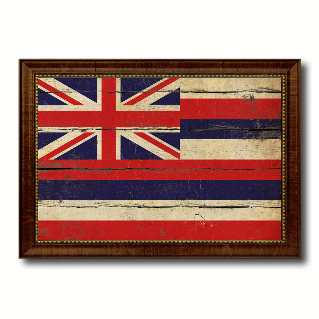 Hawaii State Vintage Flag Canvas Print with Brown Picture Frame Home Decor Man Cave Wall Art Collectible Decoration Artwork Gifts