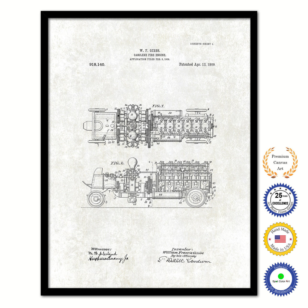 1909 Firefighter Gasoline Fire Engine Vintage Patent Artwork Black Framed Canvas Print Home Office Decor Great for Firefighter Fireman Firewoman