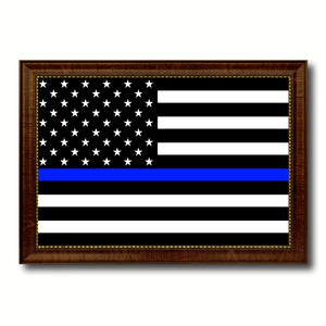 Thin Blue Line Honoring our Men and Women of Law Enforcement American Police USA Flag Canvas Print with Brown Picture Frame Home Decor Wall Art Gift Ideas