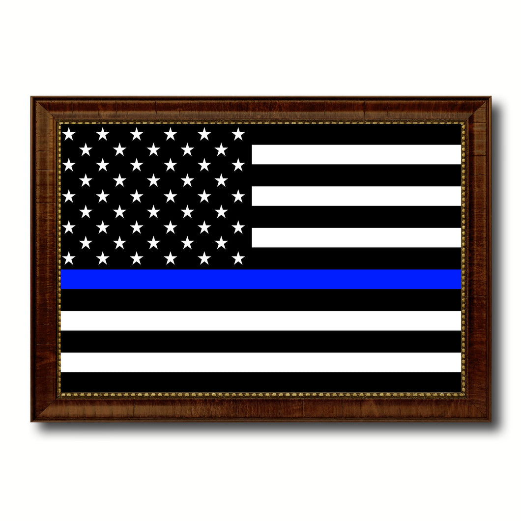 Thin Blue Line Honoring our Men and Women of Law Enforcement American Police USA Flag Canvas Print with Brown Picture Frame Home Decor Wall Art Gift Ideas