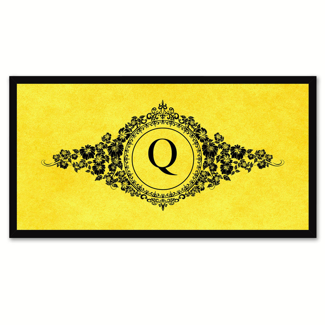 Alphabet Letter Q Yellow Canvas Print, Black Custom Frame