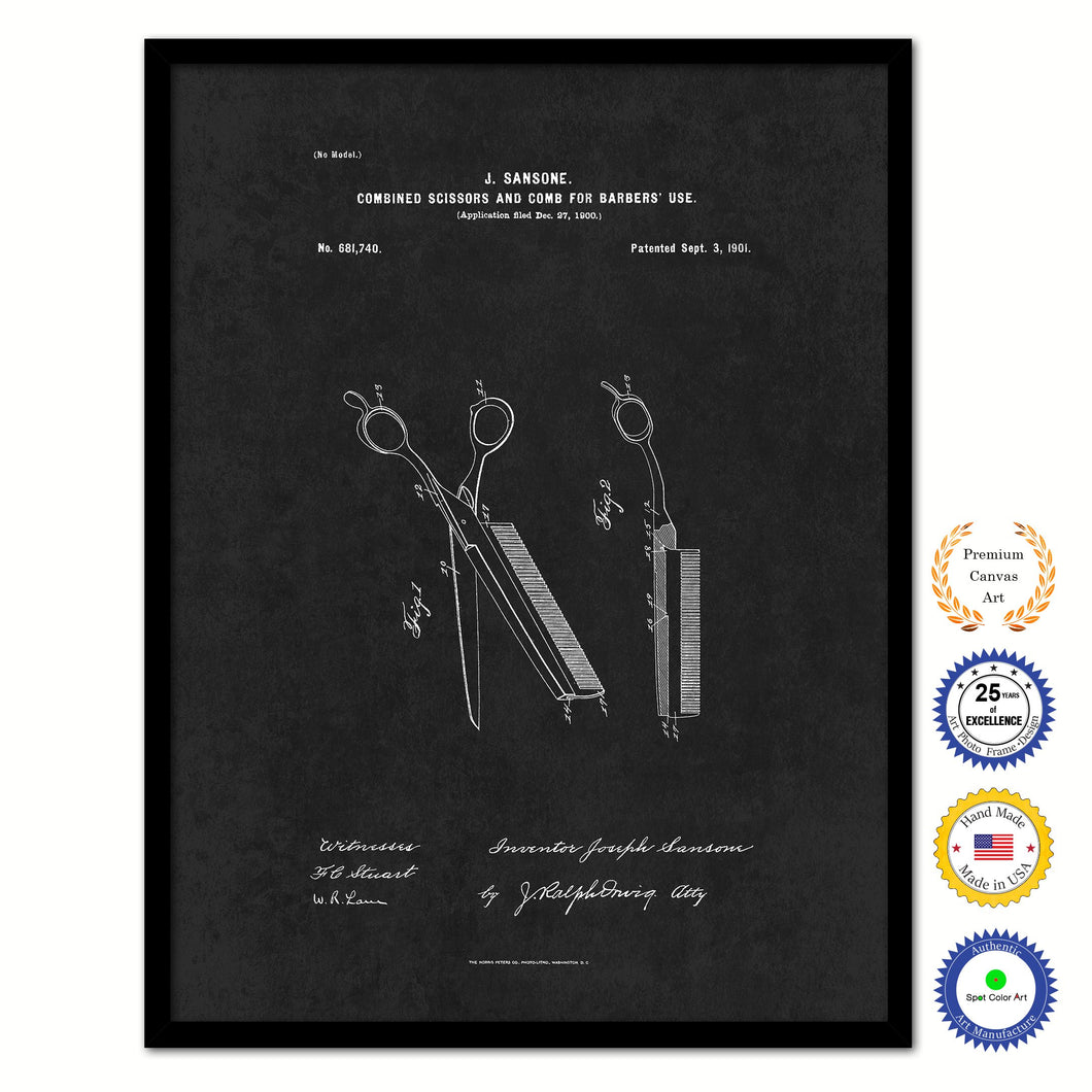 1901 Combined Scissors and Comb for Barbers Use Vintage Patent Artwork Black Framed Canvas Home Office Decor Great Gift for Barber Salon Hair Stylist