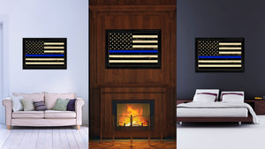 Thin Blue Line Honoring our Men and Women of Law Enforcement American Police USA Flag Vintage Canvas Print with Black Picture Frame Home Decor Wall Art Decoration Gift Ideas