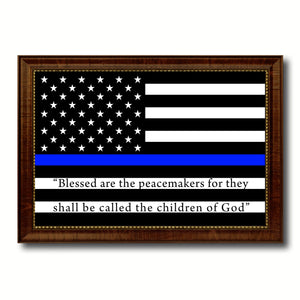 Law Enforcement Thin Blue Line Flag With Mathew 5:9 USA Flag Canvas Print with Brown Picture Frame Home Decor Wall Art Gift Ideas