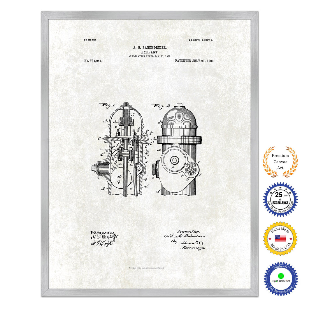 1903 Firefighter Hydrant Antique Patent Artwork Silver Framed Canvas Print Home Office Decor Great for Firefighter Fireman Firewoman