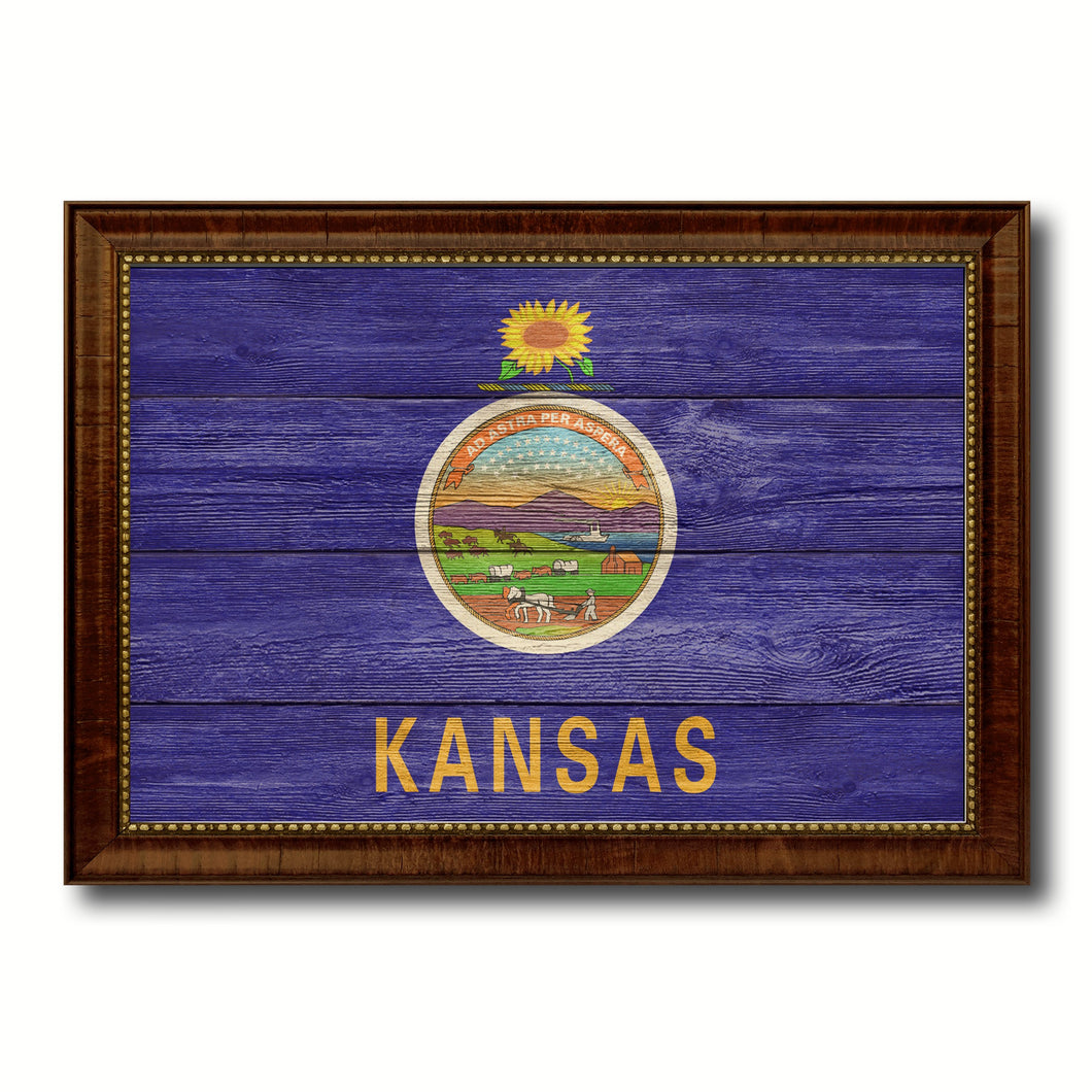 Kansas State Flag Texture Canvas Print with Brown Picture Frame Gifts Home Decor Wall Art Collectible Decoration