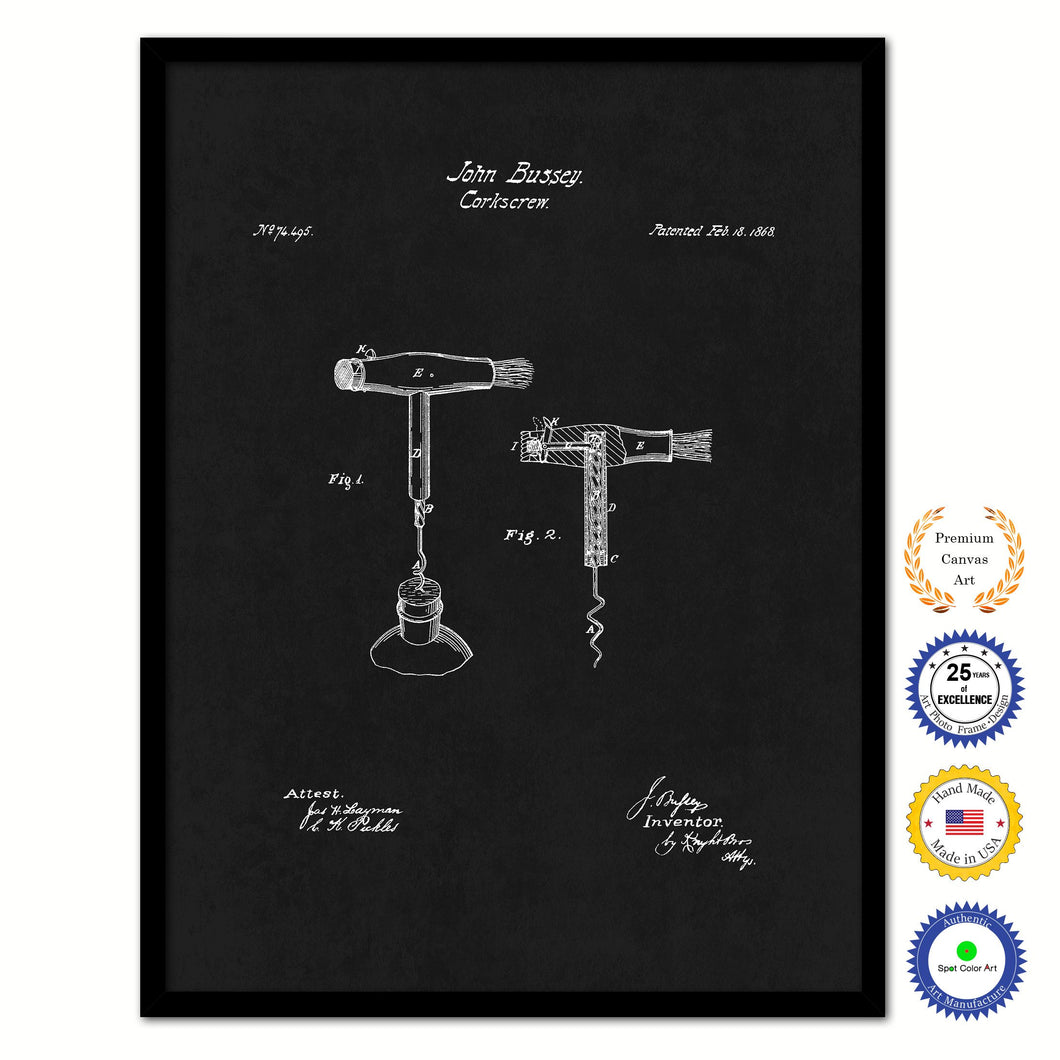 1868 Wine Corkscrew Old Patent Art Print on Canvas Custom Framed Vintage Home Decor Wall Decoration Great for Gifts