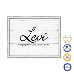 Levi Name Plate White Wash Wood Frame Canvas Print Boutique Cottage Decor Shabby Chic