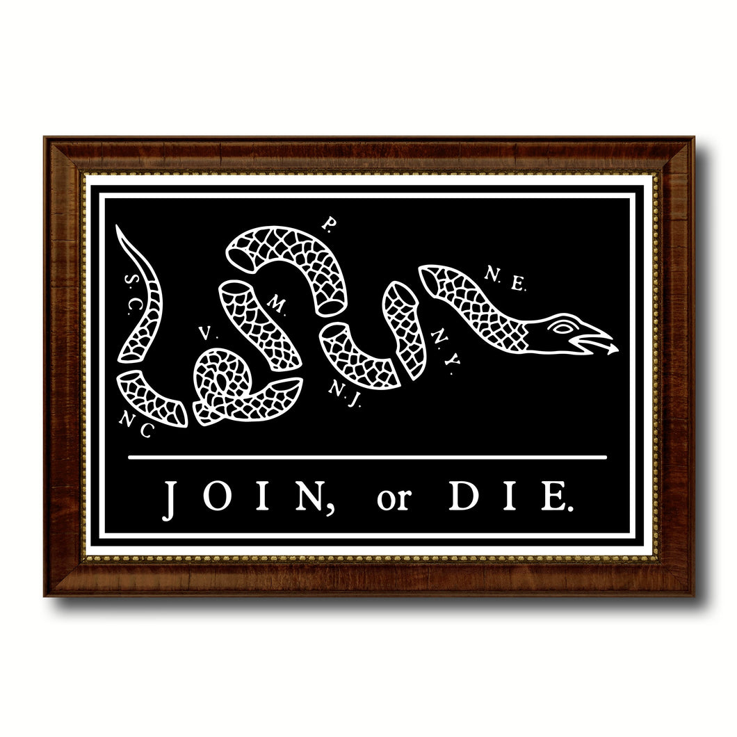 US Join or Die Snake Colonial Revolutionary War Military Flag Canvas Print with Brown Picture Frame Home Decor Wall Art Gift Ideas