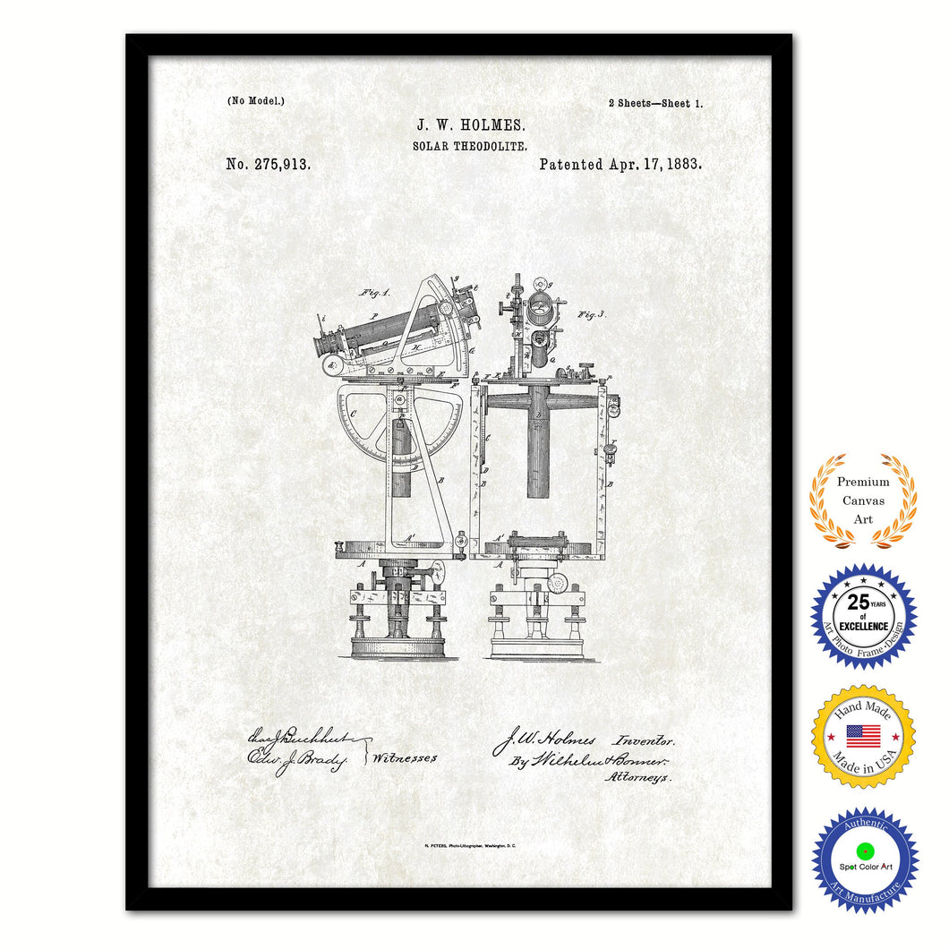1883 Solar Theodolite Old Patent Art Print on Canvas Custom Framed Vintage Home Decor Wall Decoration Great for Gifts