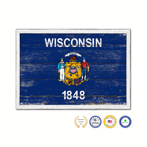 Wisconsin State Flag Shabby Chic Gifts Home Decor Wall Art Canvas Print, White Wash Wood Frame