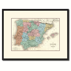 Spain Portugal Vintage Antique Map Wall Art Home Decor Gift Ideas Canvas Print Custom Picture Frame