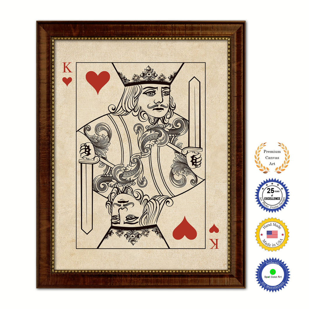 King Heart Poker Decks of Vintage Cards Print on Canvas Brown Custom Framed