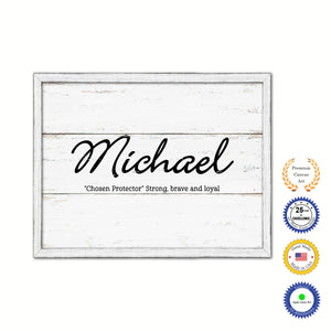 Michael Name Plate White Wash Wood Frame Canvas Print Boutique Cottage Decor Shabby Chic