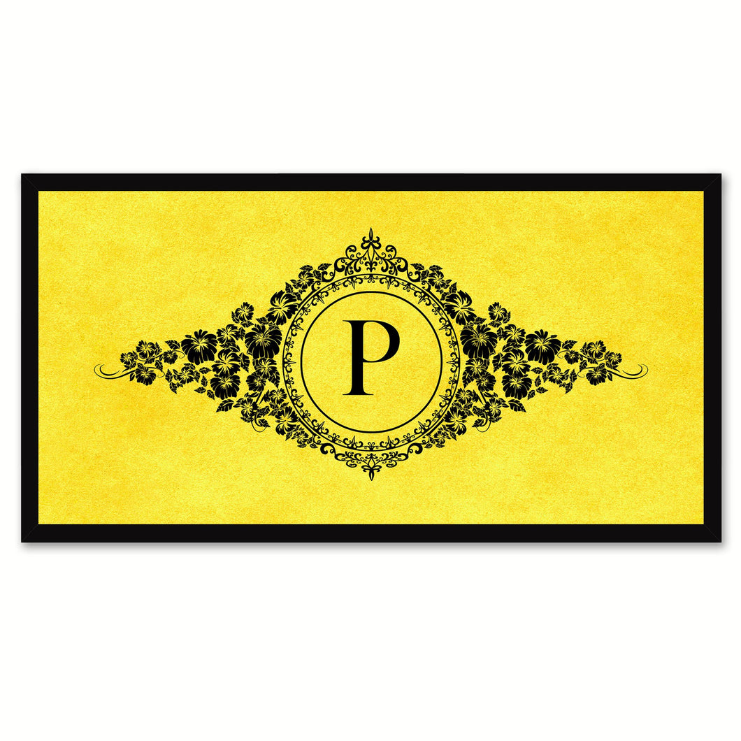 Alphabet Letter P Yellow Canvas Print, Black Custom Frame