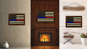 Thin Blue Line Police & Thin Red Line Firefighter Respect & Honor Law Enforcement First Responder American USA Flag Vintage Canvas Print with Picture Frame Home Decor Wall Art