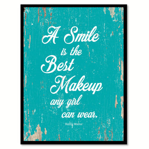 A smile is the best makeup any girl can wear - Marilyn Monroe  Inspirational Quote Saying Canvas Print with Picture Frame Home Decor Wall Art, Aqua