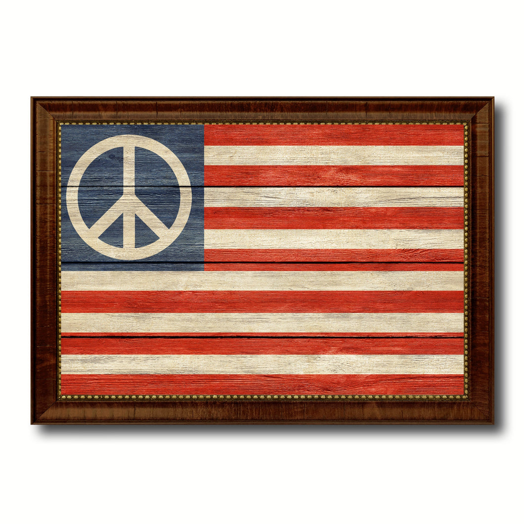 Peace Sign American Military Flag Texture Canvas Print with Brown Picture Frame Home Decor Wall Art Gifts