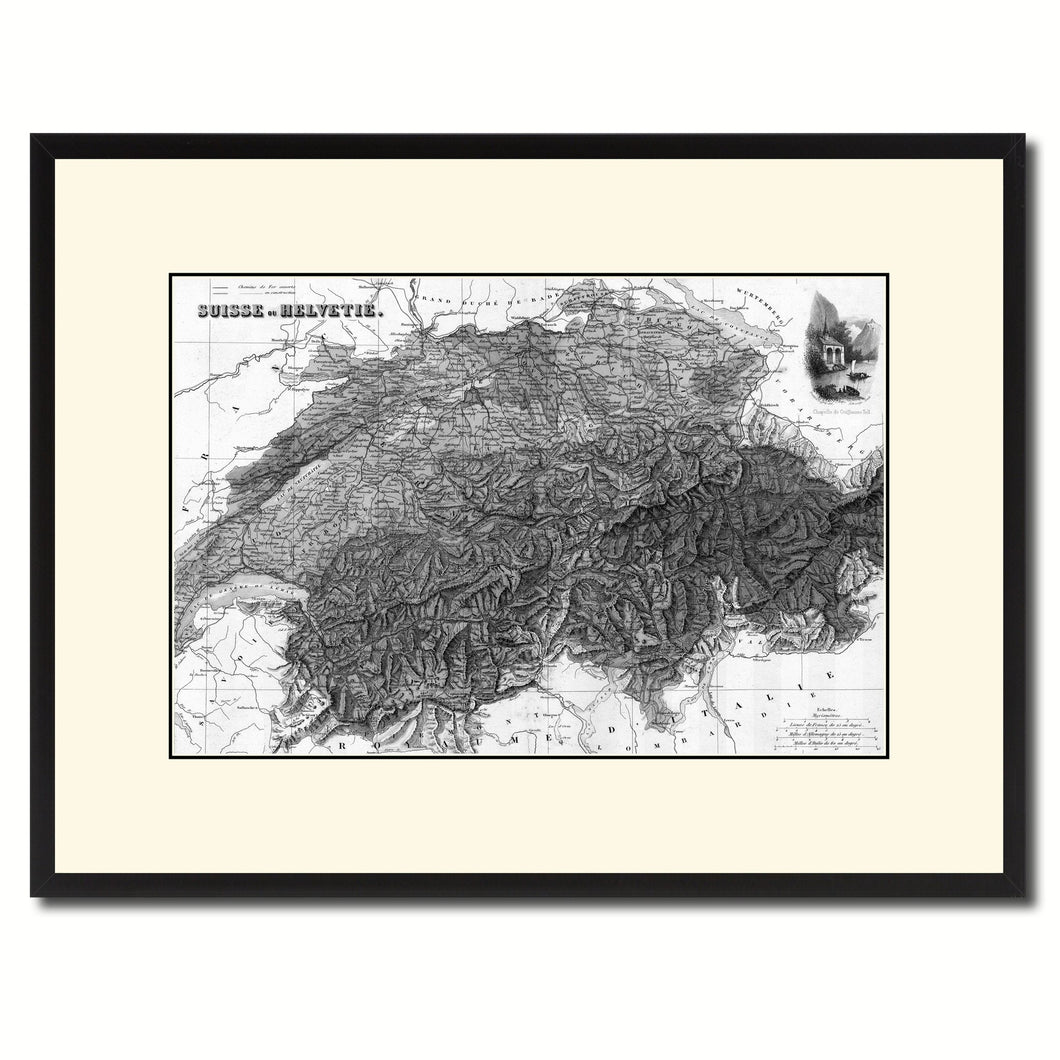 Switzerland Vintage B&W Map Canvas Print, Picture Frame Home Decor Wall Art Gift Ideas