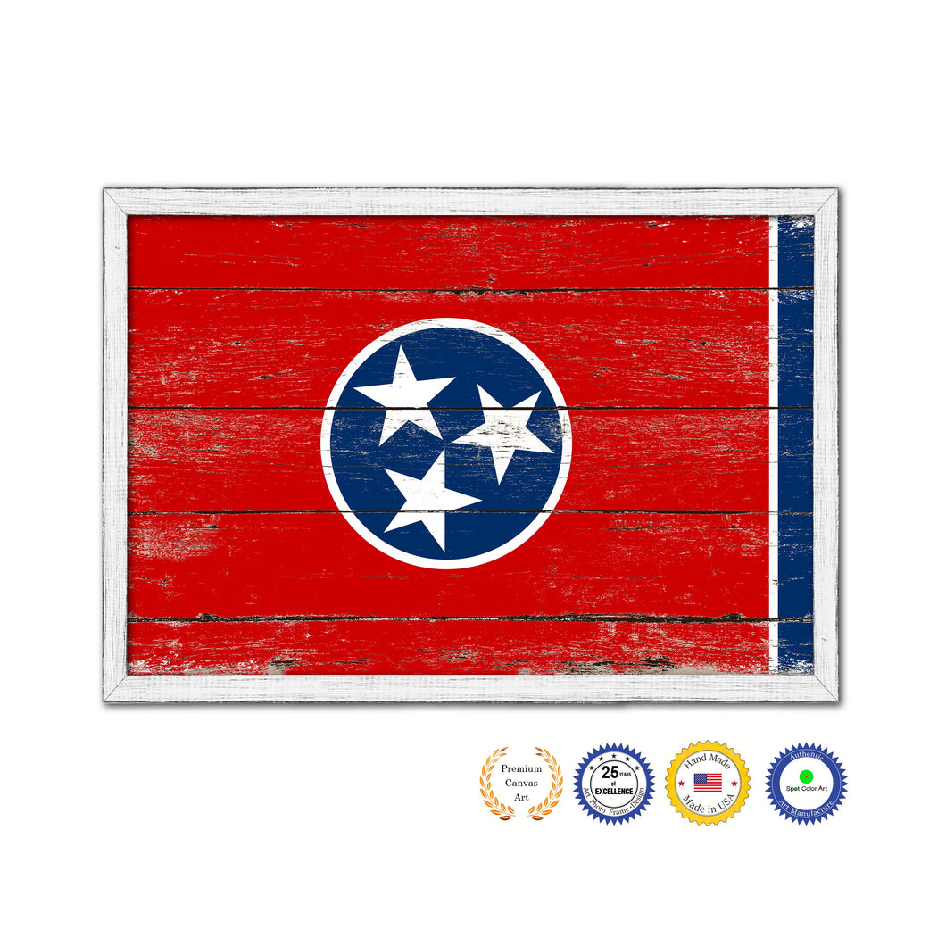 Tennessee State Flag Shabby Chic Gifts Home Decor Wall Art Canvas Print, White Wash Wood Frame
