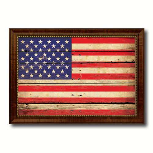 American Flag Vintage Canvas Print with Brown Picture Frame Home Decor Man Cave Wall Art Collectible Decoration Artwork Gifts