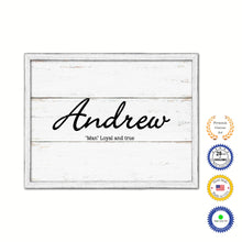 Load image into Gallery viewer, Andrew Name Plate White Wash Wood Frame Canvas Print Boutique Cottage Decor Shabby Chic
