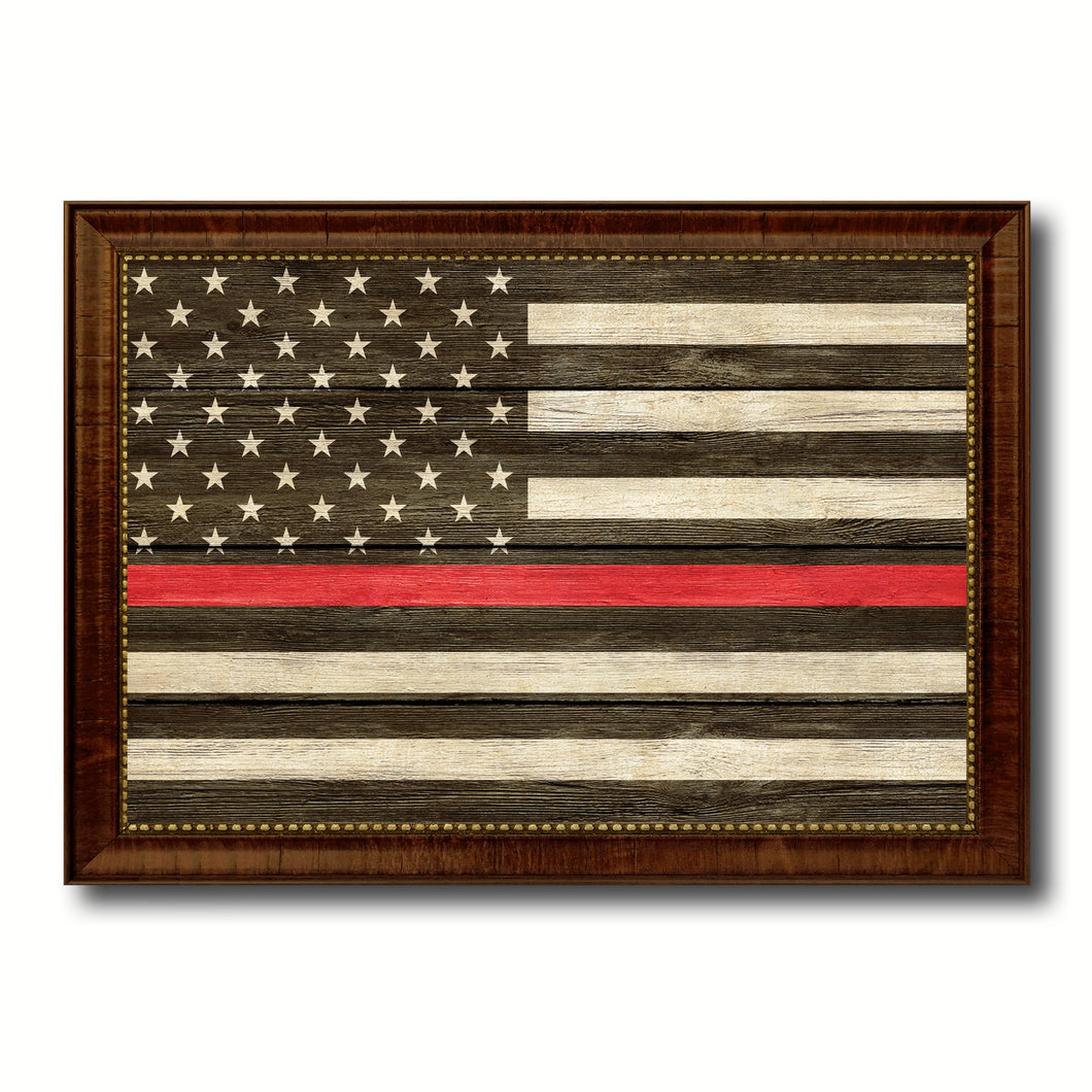 Thin Red Line Honoring our Men and Women of Law Enforcement American USA Flag Texture Canvas Print with Brown Picture Frame Home Decor Wall Art Gifts
