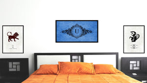 Alphabet Letter U Blue Canvas Print, Black Custom Frame