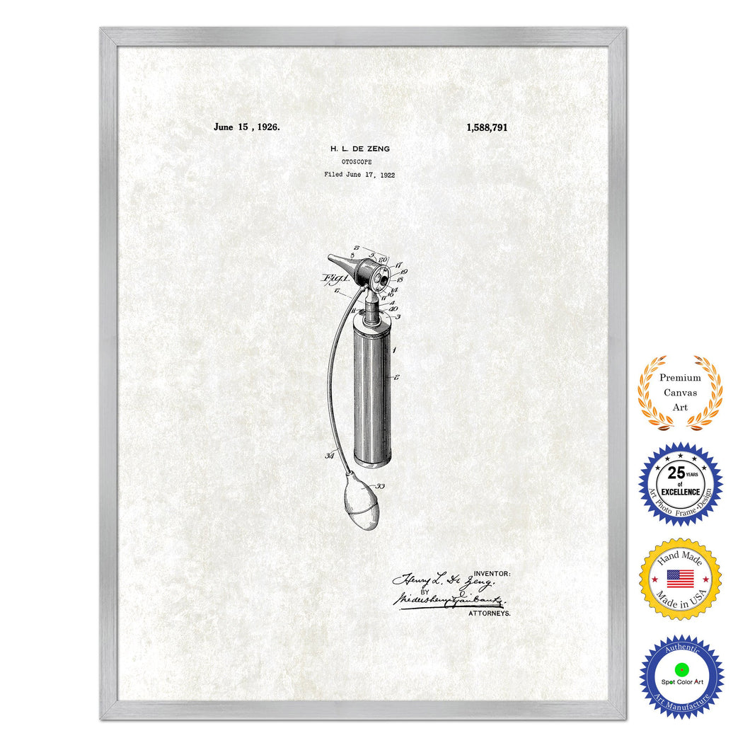1926 Doctor Otoscope Tool Antique Patent Artwork Silver Framed Canvas Print Home Office Decor Great for Doctor Paramedic Surgeon Hospital Medical Student
