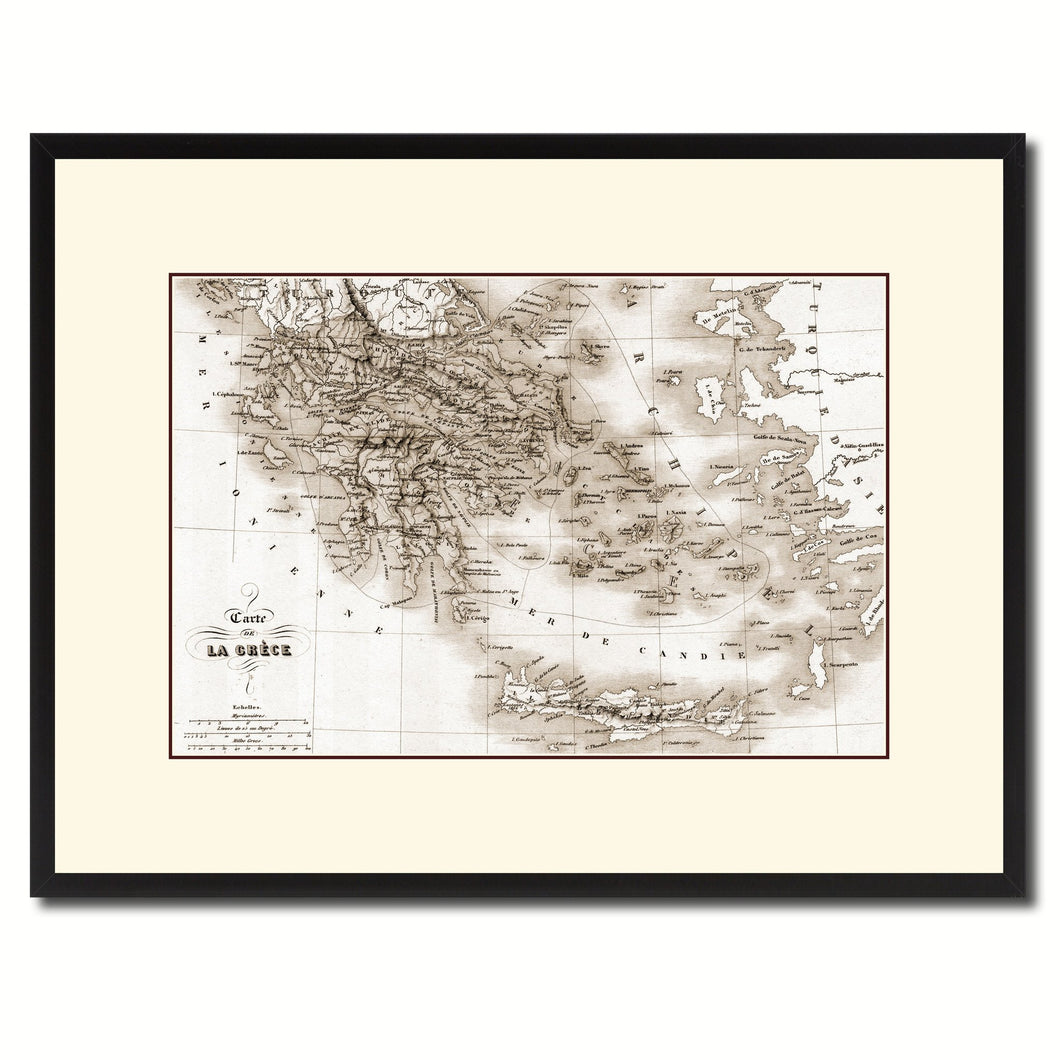 Greece Vintage Sepia Map Canvas Print, Picture Frame Gifts Home Decor Wall Art Decoration