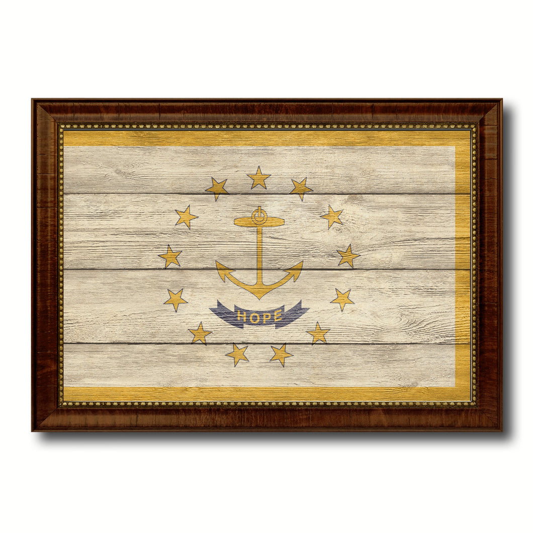 Rhode Island State Flag Texture Canvas Print with Brown Picture Frame Gifts Home Decor Wall Art Collectible Decoration