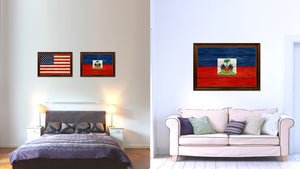Haiti Country Flag Texture Canvas Print with Brown Custom Picture Frame Home Decor Gift Ideas Wall Art Decoration