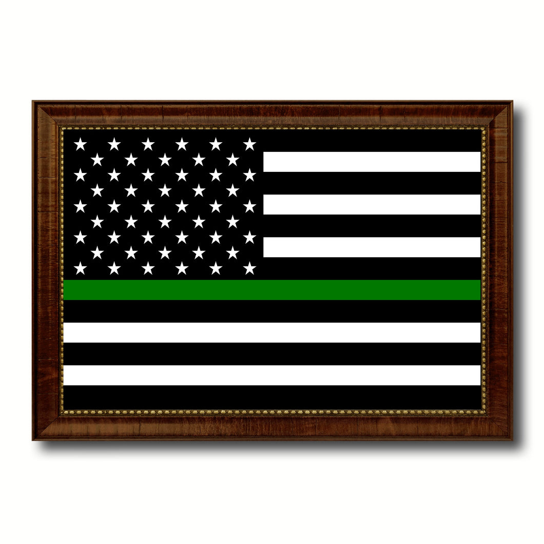 Thin Green Line Support Border Patrol American USA Flag Canvas Print with Brown Picture Frame Home Decor Wall Art Gift Ideas
