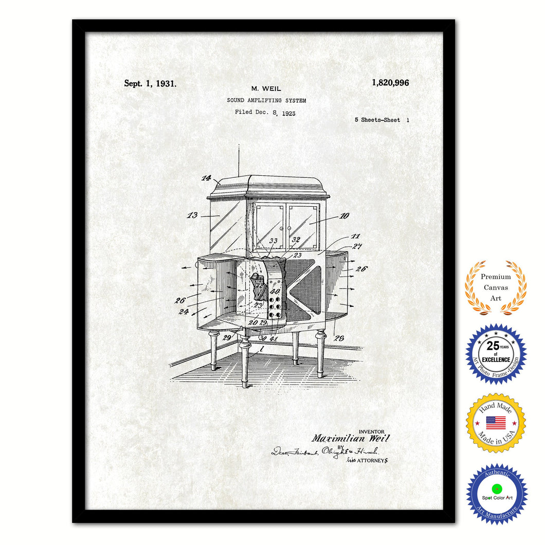 1931 Sound Amplifying System Old Patent Art Print on Canvas Custom Framed Vintage Home Decor Wall Decoration Great for Gifts