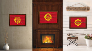 Fire Department Fire Fighter USA Flag Vintage Canvas Print with Brown Picture Frame Gifts Ideas Home Decor Wall Art Decoration