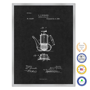 1889 Coffee or Tea Pot Antique Patent Artwork Silver Framed Canvas Home Office Decor Great for Coffee Lover Cafe Tea Shop