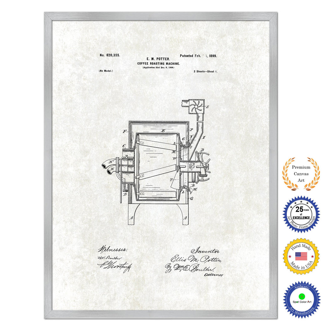 1899 Coffee Roasting Machine Antique Patent Artwork Silver Framed Canvas Print Home Office Decor Great for Coffee Lover Cafe Tea Shop