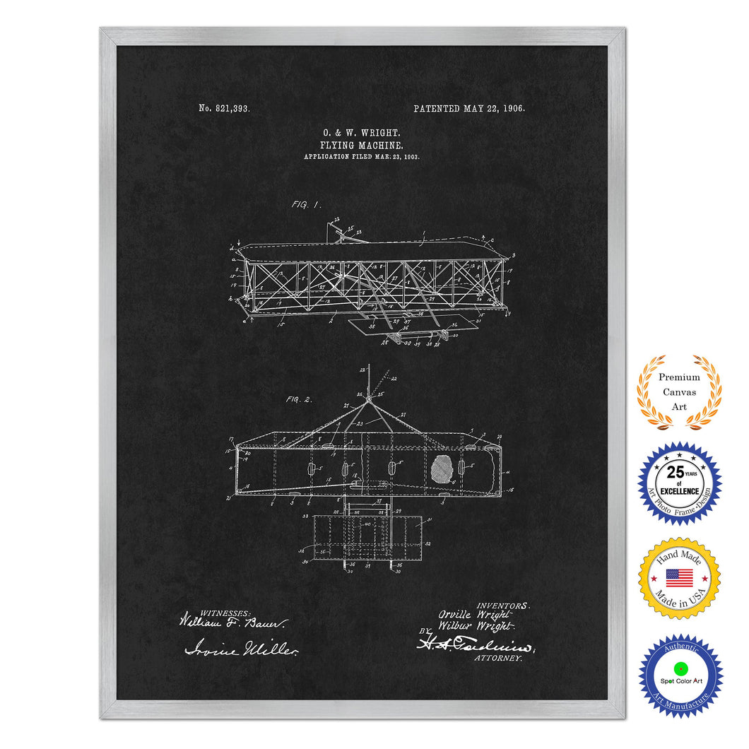 1906 Flying Machine Antique Patent Artwork Silver Framed Canvas Home Office Decor Great for Pilot Gift