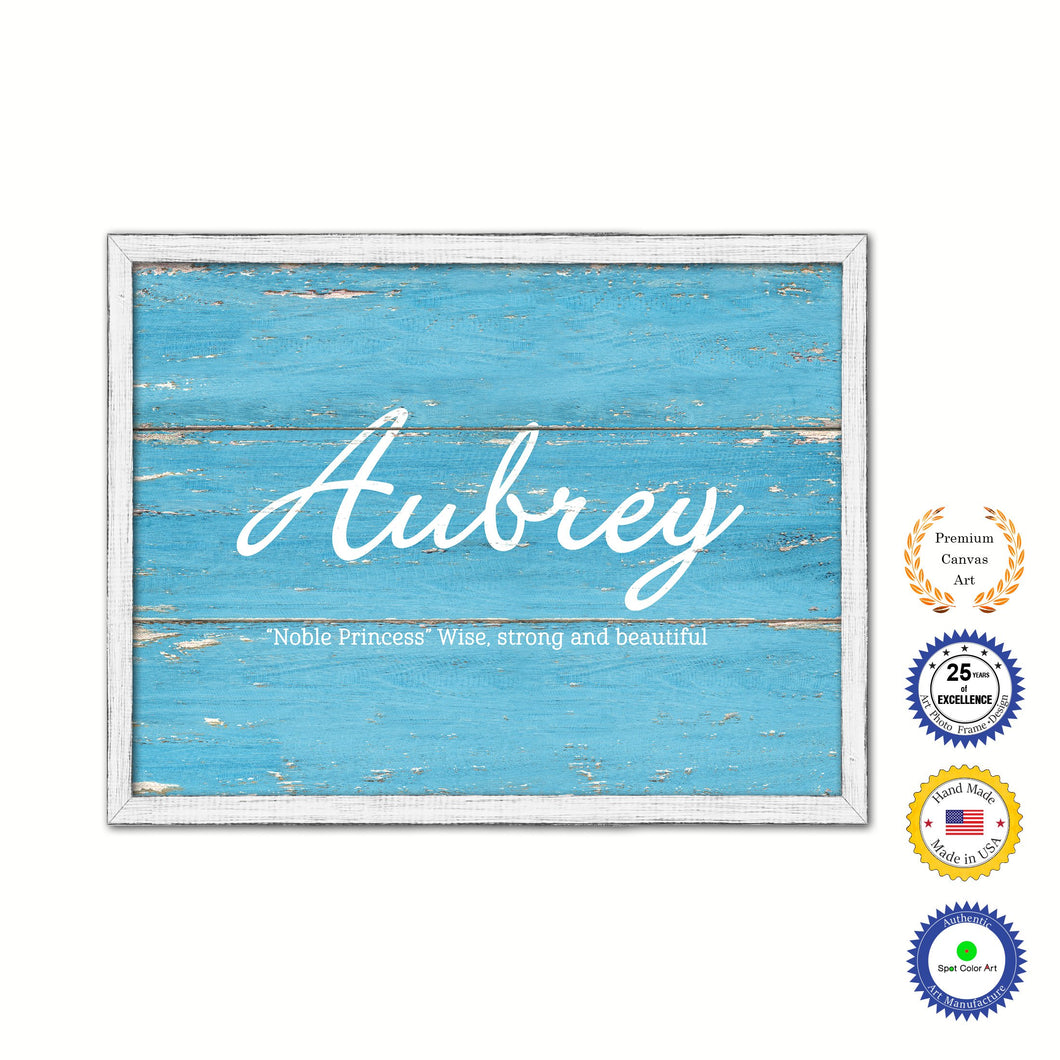 Aubrey Name Plate White Wash Wood Frame Canvas Print Boutique Cottage Decor Shabby Chic