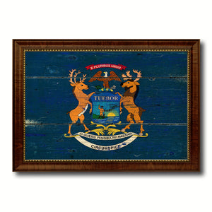 Michigan State Vintage Flag Canvas Print with Brown Picture Frame Home Decor Man Cave Wall Art Collectible Decoration Artwork Gifts