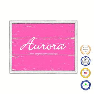 Aurora Name Plate White Wash Wood Frame Canvas Print Boutique Cottage Decor Shabby Chic