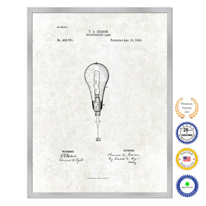 1890 Thomas Edison Incandescent Lamp Antique Patent Artwork Silver Framed Canvas Print Home Office Decor Great for Thomas Edison Lover Electrician Inventor