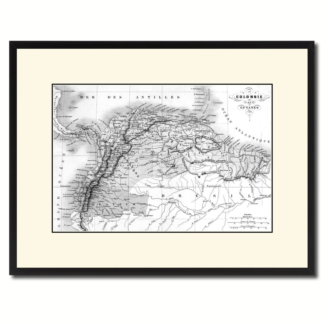 Columbia Venezuela Guianna Vintage B&W Map Canvas Print, Picture Frame Home Decor Wall Art Gift Ideas