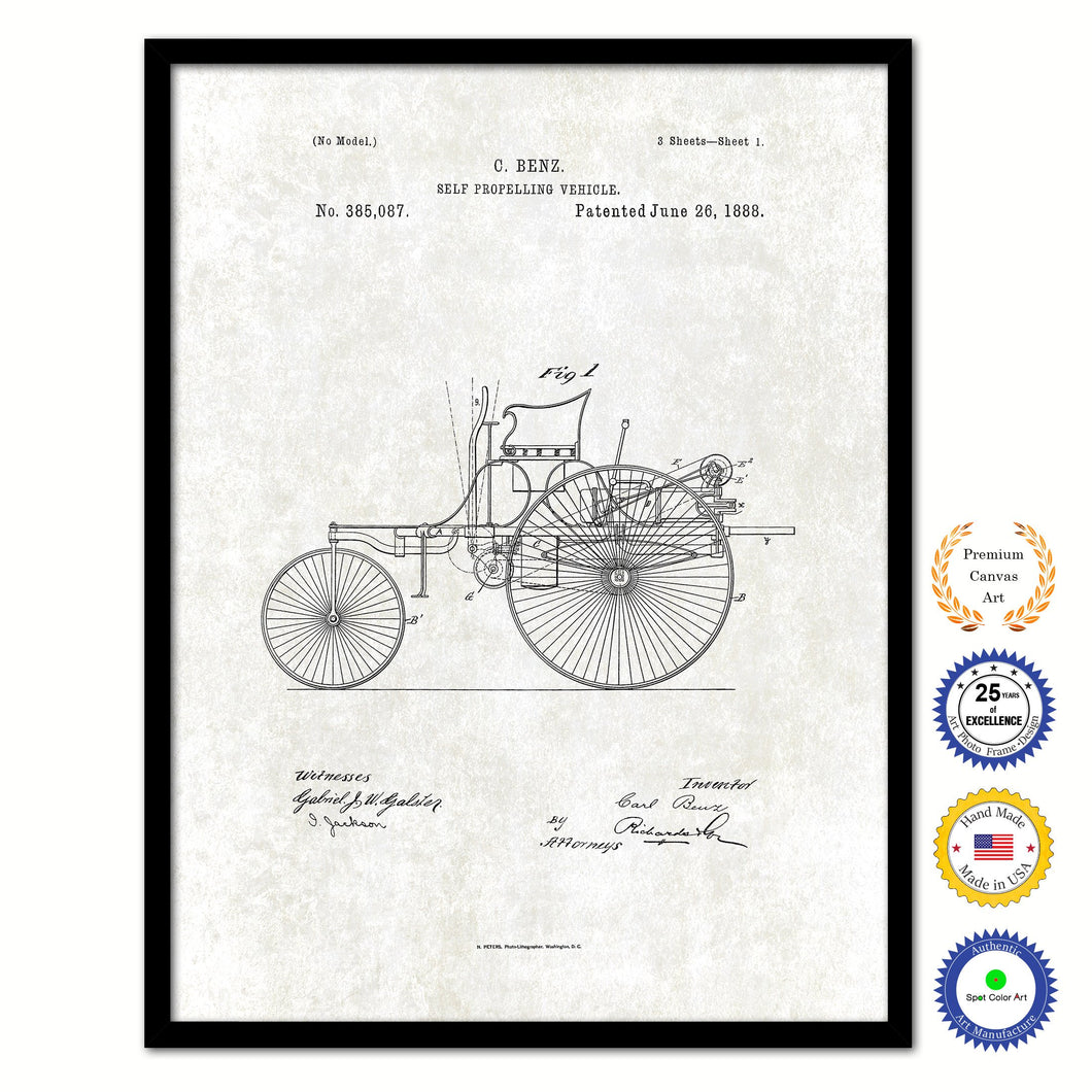 1888 Carl Benz Self Propelling Vehicle Vintage Patent Artwork Black Framed Canvas Print Home Office Decor Great Gift for Mechanic Car Collector
