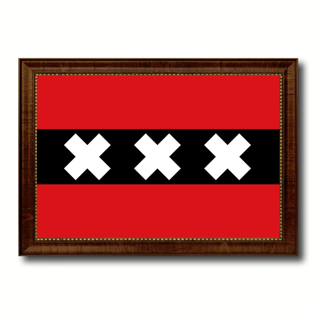 Amsterdam City Netherlands Country Flag Canvas Print Brown Picture Frame