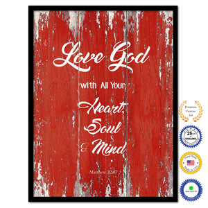 Love God with All Your Heart, Soul & Mind - Matthew 22:37 Bible Verse Scripture Quote Red Canvas Print with Picture Frame