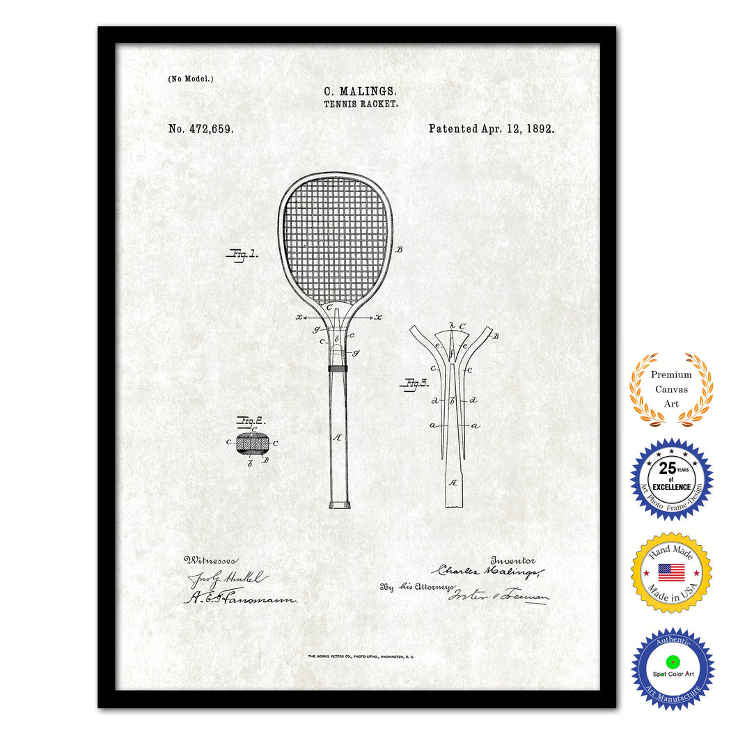 1892 Tennis Racket Old Patent Art Print on Canvas Custom Framed Vintage Home Decor Wall Decoration Great for Gifts