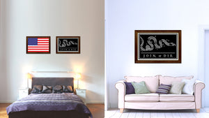 US Join or Die Snake Colonial Revolutionary War Military Flag Canvas Print with Brown Picture Frame Home Decor Wall Art Gift Ideas