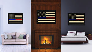 Thin Blue Line Police & Thin Red Line Firefighter Respect & Honor Law Enforcement First Responder American USA Flag Vintage Canvas Print with Picture Frame Home Decor Wall Art